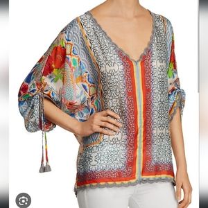 Johnny Was Dragon Top Long Sleeve Scalloped Edge Bluse 100% Silk